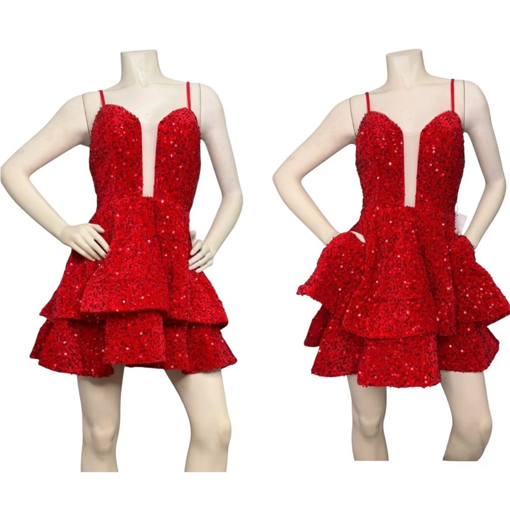 WITNESS OF LOVE Red Crushed Velvet & Sequin Tiered Ruffle Corset Back Dress, 8